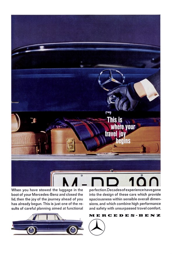 Advertising Mercedes-Benz: "This is where your travel joy begins - When you have stowed the luggage in the boot of ...", Mercedes-Benz type W 111/112