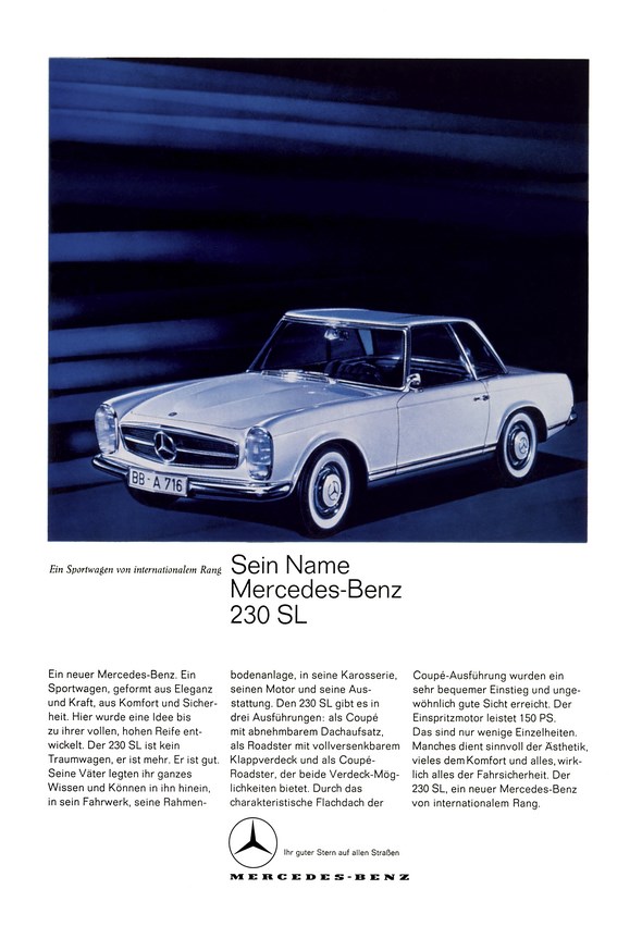 Werbeanzeige Mercedes-Benz: "Sein Name Mercedes-Benz 230 SL", Mercedes-Benz Baureihe W 113 (230 SL, 250 SL, 280 SL), 1963 - 1971