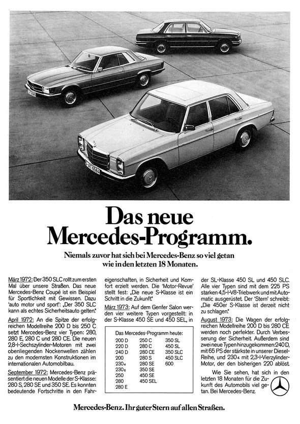 Werbeanzeige Mercedes-Benz: "Das neue Mercedes-Programm. Niemals zuvor hat sich bei Mercedes-Benz so viel getan wie in den letzten 18 Monaten", Das Bauprogramm von 1972, W 114/115, W 116, R 107