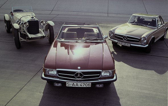 Mercedes-Benz Typ SL-Roadster der Baureihe W 107, Typ SSK, Typ Pagoden-SL, auf dem Hockenheimring.