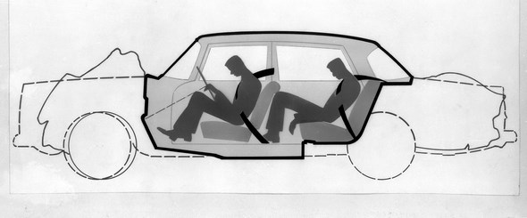 Schnittzeichnung des Mercedes-Benz der Baureihe W 111, zur Illustration der Sicherheitszelle, 1959