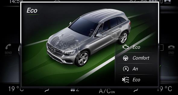 Mercedes-Benz GLC 2015. Die DYNAMIC SELECT-Programme und die Offroad-Animationen werden auf dem zentralen Media-Display inszeniert. In Echtzeit werden hier verschiedene Parameter wie Steigung, Seitenneigung, Lenkeinschlag, Kompasskurs oder die AIR BODY CONTROL-Einstellungen dynamisch dargestellt. Mercedes-Benz GLC 2015. The DYNAMIC SELECT modes and off-road animations are shown on the central media display. Various parameters such as gradient, tilt angle, steering angle, compass course or the AIR BODY CONTROL settings are shown here dynamically in real time.