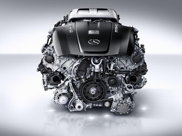 Mercedes-AMG GT (C 190) 2014; AMG V8-Zylinder-Benzinmotor mit Biturboaufladung, Baureihe M178 AMG V8 petrol engine with biturbocharging, M178 series