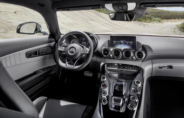 Mercedes-AMG GT (C 190) 2014, exterior: designo iridium silver magno, interior: two-tone leather silver pearl / black