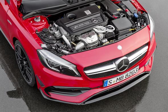 Mercedes-AMG A 45 4MATIC, jupiter rot, AMG Night-Paket, AMG Aerodynamik-Paket, AMG 2,0-Liter-Turbomotor mit 280 kW (381 PS) Höchstleistung und maximalen Drehmoment von 475 Newtonmetern jupiter red, AMG Night package, AMG Aerodynamics package , AMG 2.0-litre turbocharged engine with a peak output of 280 kW (381 hp) and maximum torque of 475 newton metres
