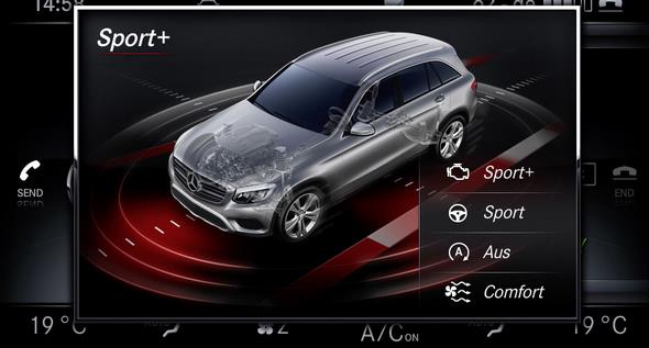 Mercedes-Benz GLC 2015.  Die DYNAMIC SELECT-Programme und die Offroad-Animationen werden auf dem zentralen Media-Display inszeniert. In Echtzeit werden hier verschiedene Parameter wie Steigung, Seitenneigung, Lenkeinschlag, Kompasskurs oder die AIR BODY CONTROL-Einstellungen dynamisch dargestellt. Mercedes-Benz GLC 2015. The DYNAMIC SELECT modes and off-road animations are shown on the central media display. Various parameters such as gradient, tilt angle, steering angle, compass course or the AIR BODY CONTROL settings are shown here dynamically in real time.