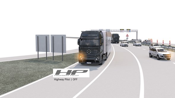 Mercedes-Benz Actros mit Highway Pilot auf einer Autobahn-Abfahrt (Highway Pilot OFF)