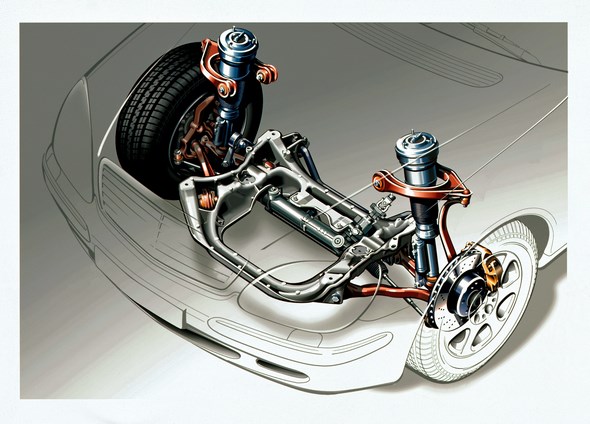 Mercedes-Benz S-Klasse der Baureihe 220 Fahrwerk Die neue Mercedes-Benz S-Klasse Vierlenker-Vorderachse für noch mehr Komfort und Fahrstabilität Für die Vorderachse der neuen S-Klasse wurde ein Vierlenker-System aus Aluminium und Stahl entwickelt, deren vier wichtigste Bauteile der neuen Achse ihren Namen geben: 1. Federlenker: Sie befinden sich quer zur Fahrtrichtung und tragen die Federbeine der Vorderachse. 2. Zugstrebe: Diese schräg nach vorne gerichteten Lenker optimieren die Führung der Vorderräder. 3. Obere Dreieckslenker: Diese Aluminium-Bauteile bewährten sich bereits bei der bisherigen Doppelquerlenker-Vorderachse. Sie dienen vor allem der Radführung. 4. Spurstangen: Sie sind Bestandteil der neuen Zahnstangen-Servolenkung. Sie verbinden das querliegende Lenkgetriebe mit den Vorderrädern. Die Aufteilung des bisherigen unteren Dreieckslenkers in Federlenker und Zugstrebe wirkt sich positiv auf die gesamte Achskinematik aus. Neben der verbesserten Radführung reduzieren sich vor allem Schwingungen, die durch Reifenunwucht oder beim Bremsen entstehen können.